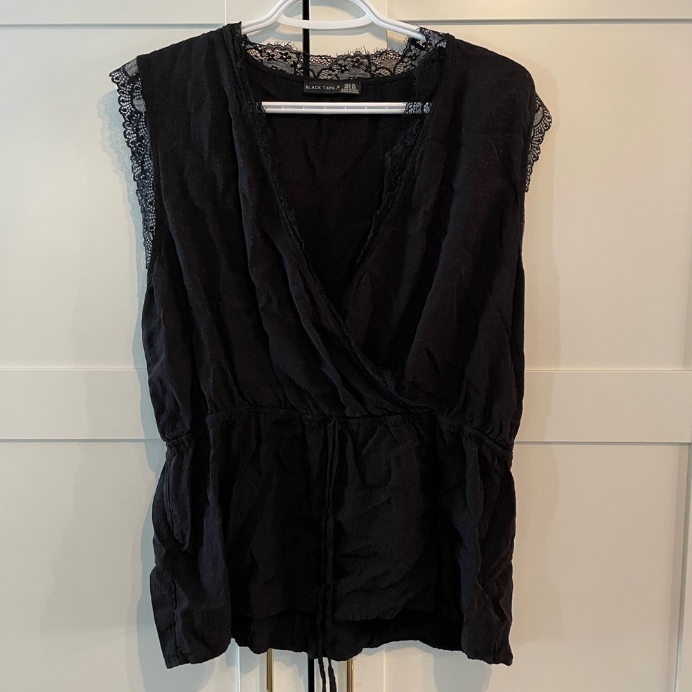 Black Tape brand satin top with lace details, lightly worn